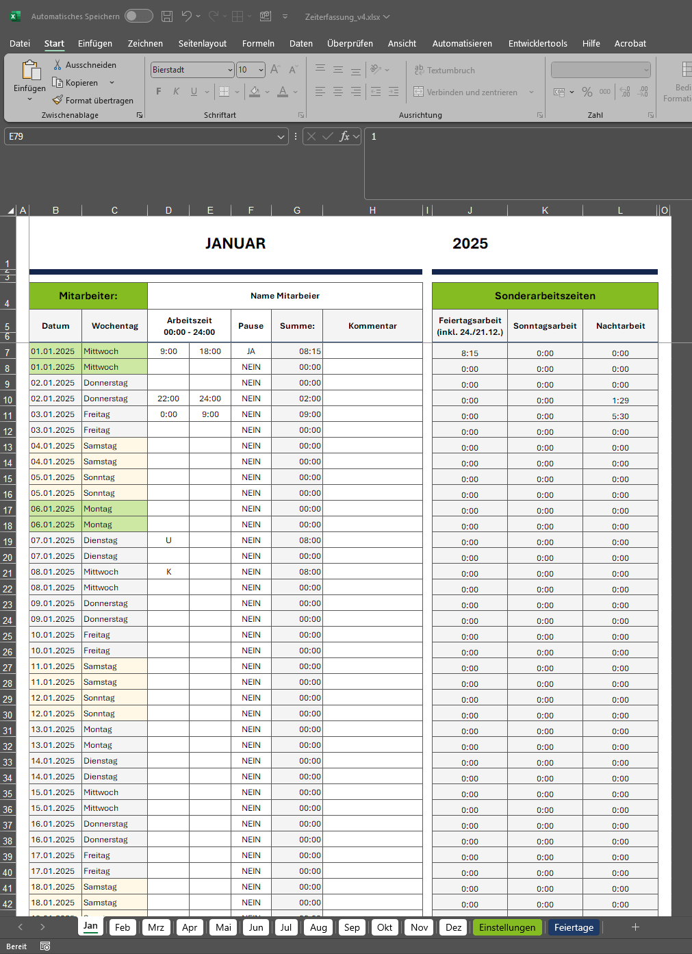 Zeiterfassung mit Sonderarbeitszeiten in Excel